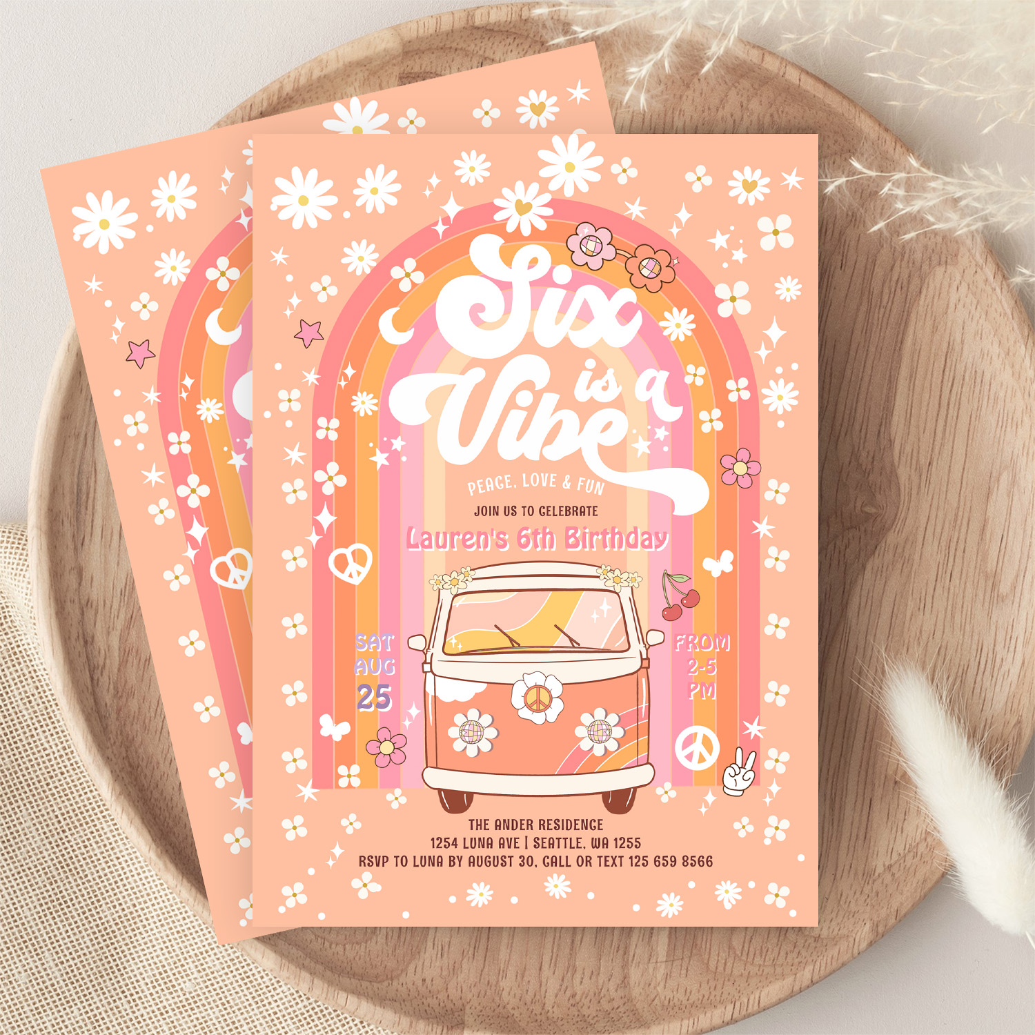 Groovy Six Is A Vibe Van Bus 6th Birthday Invitation - Image 9