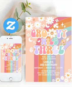 Groovy Wild And Three Hippie Retro 3rd Birthday Invitation
