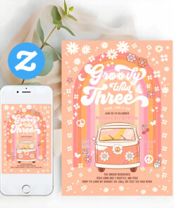 Groovy Wild And Three Van Bus 3rd Birthday Invitation