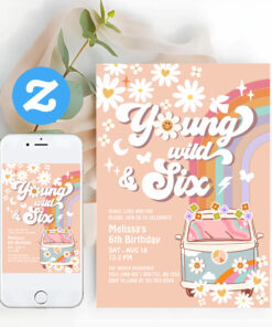 Groovy Young Wild And Six Rainbow 6th Birthday Invitation