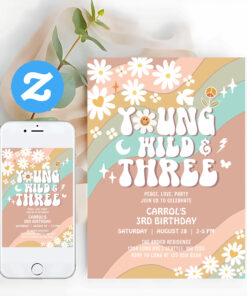 Groovy Young Wild And Three 3rd Birthday Invitation