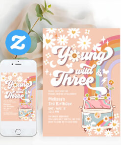 Groovy Young Wild And Three 3rd Birthday Invitation