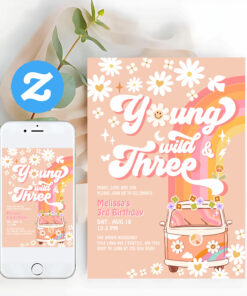 Groovy Young Wild And Three Daisy 3rd Birthday Invitation