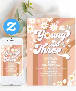 Groovy Young Wild And Three Mauve 3rd Birthday Invitation