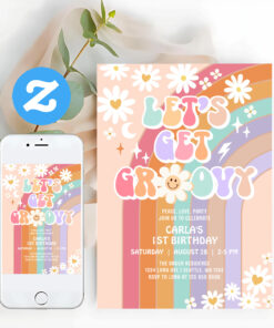 Lets Get Groovy Daisy Rainbow Retro Birthday Invitation