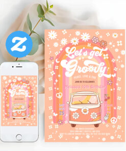 Lets Get Groovy Van Bus Rainbow Van Birthday Invitation