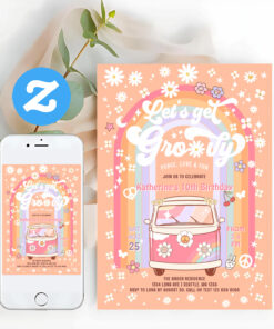 Lets Get Groovy Van Daisy Hippie 70S Birthday Invitation