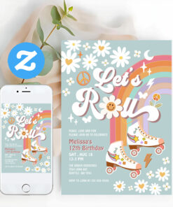 Lets Roll Retro Groovy Blue Roller Skate Birthday Invitation