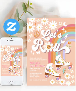 Lets Roll Retro Groovy Roller Skate Daisy Birthday Invitation
