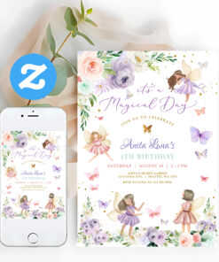 Magic One Purple Pink Fairy Butterfly Birthday Invitation