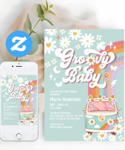 Mint Groovy Daisy Rainbow Hippie 70S Baby Shower Invitation