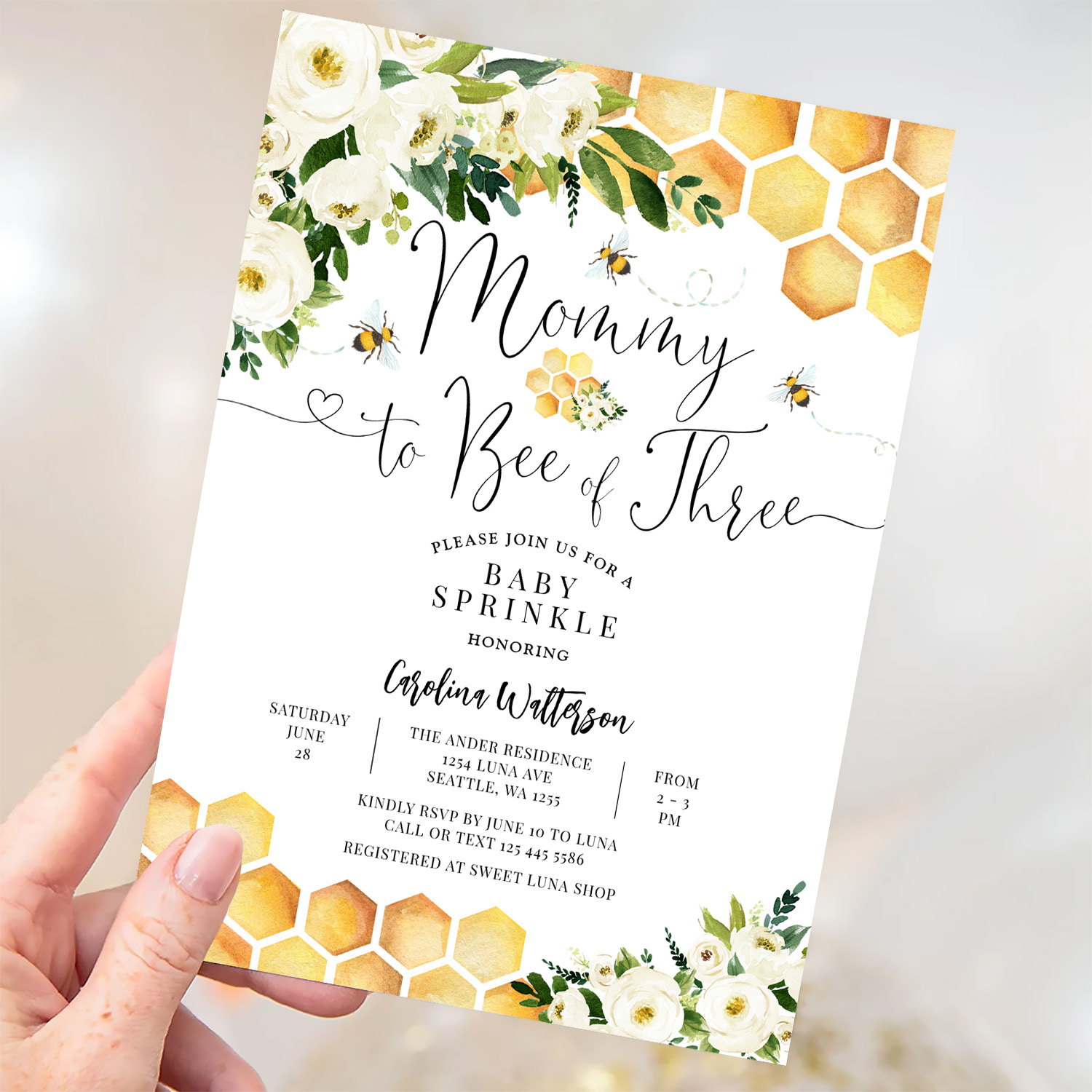 Mommy To Bee Of Three Baby Sprinkle Shower Invitation - Image 3
