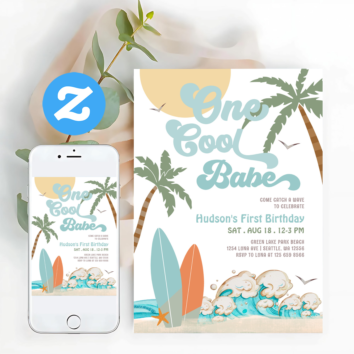 One Cool Babe Surfing Boy 1st Birthday Beach Party Invitation