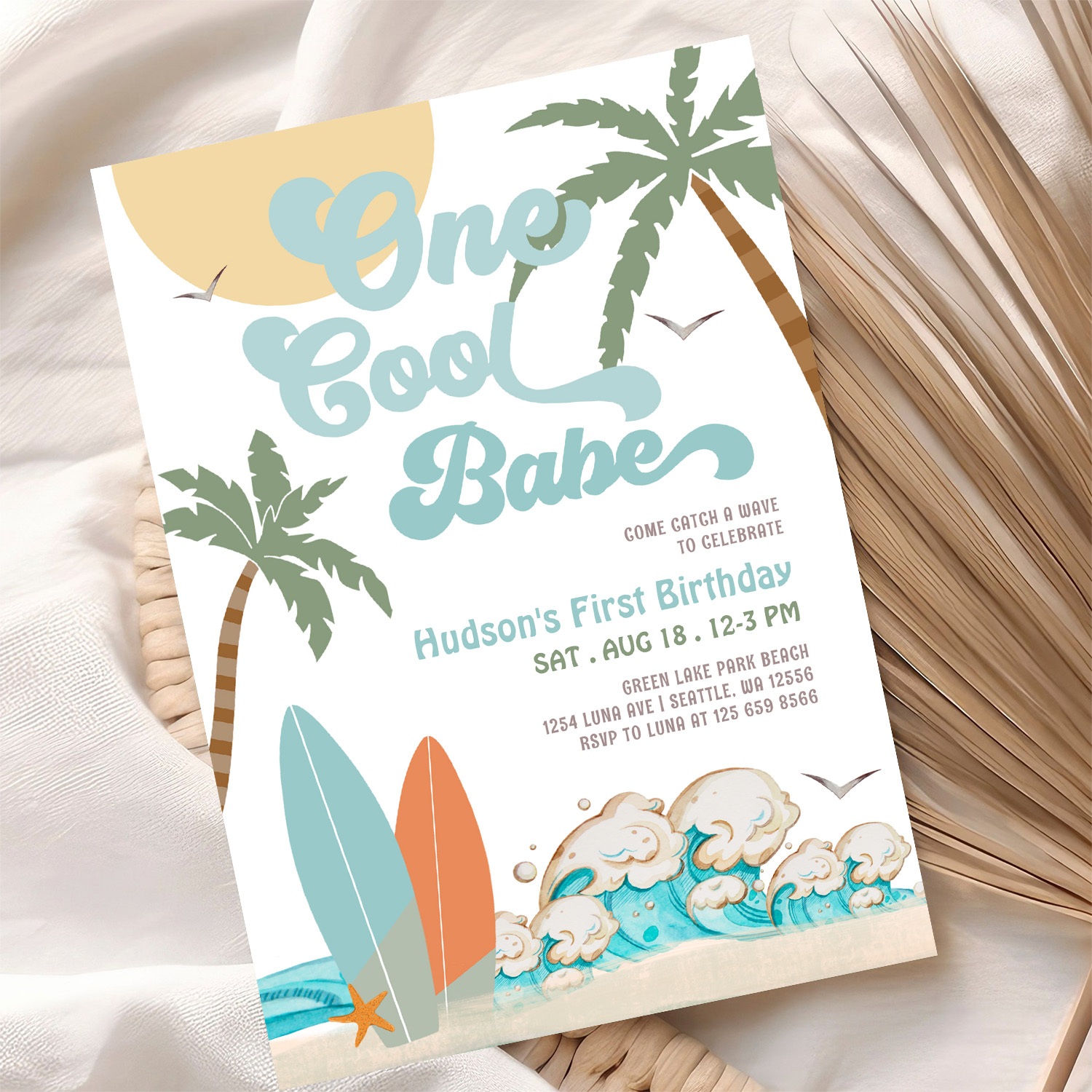One Cool Babe Surfing Boy 1st Birthday Beach Party Invitation - Image 10