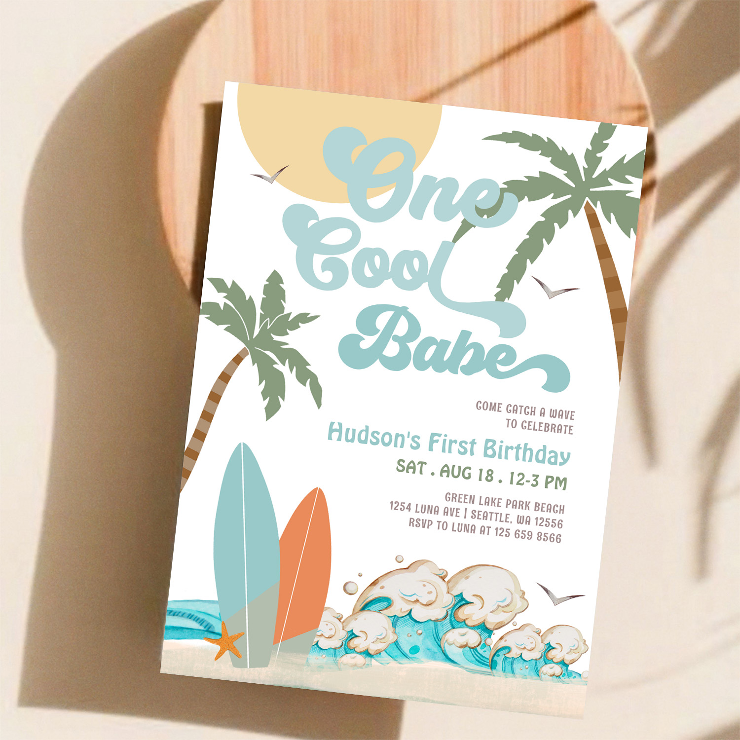 One Cool Babe Surfing Boy 1st Birthday Beach Party Invitation - Image 11