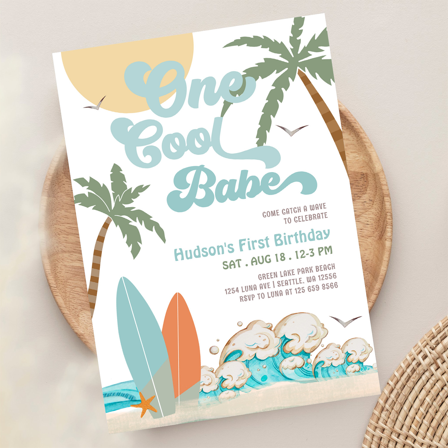One Cool Babe Surfing Boy 1st Birthday Beach Party Invitation - Image 13
