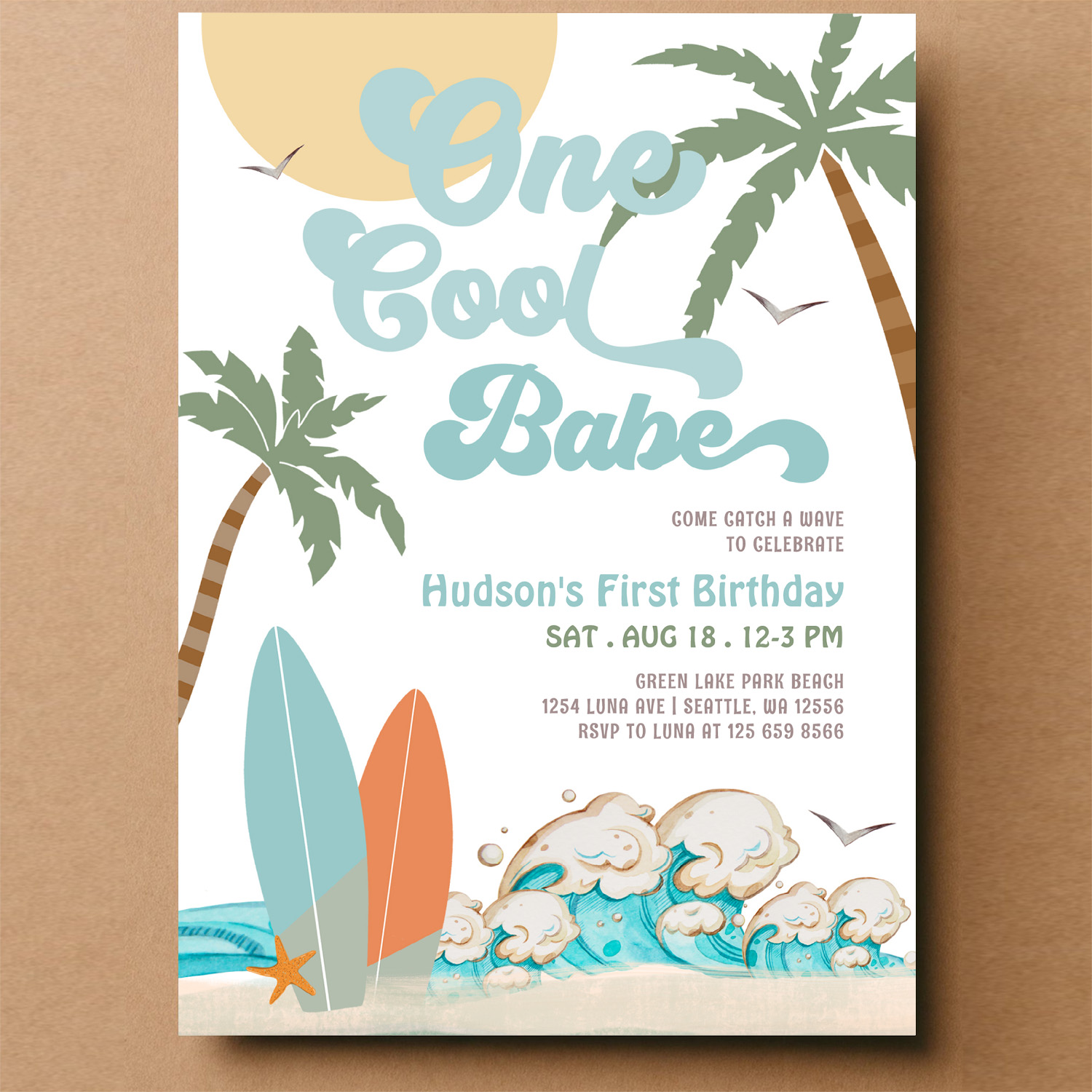 One Cool Babe Surfing Boy 1st Birthday Beach Party Invitation - Image 14