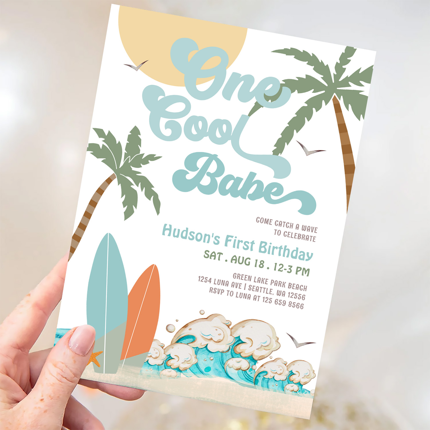 One Cool Babe Surfing Boy 1st Birthday Beach Party Invitation - Image 3