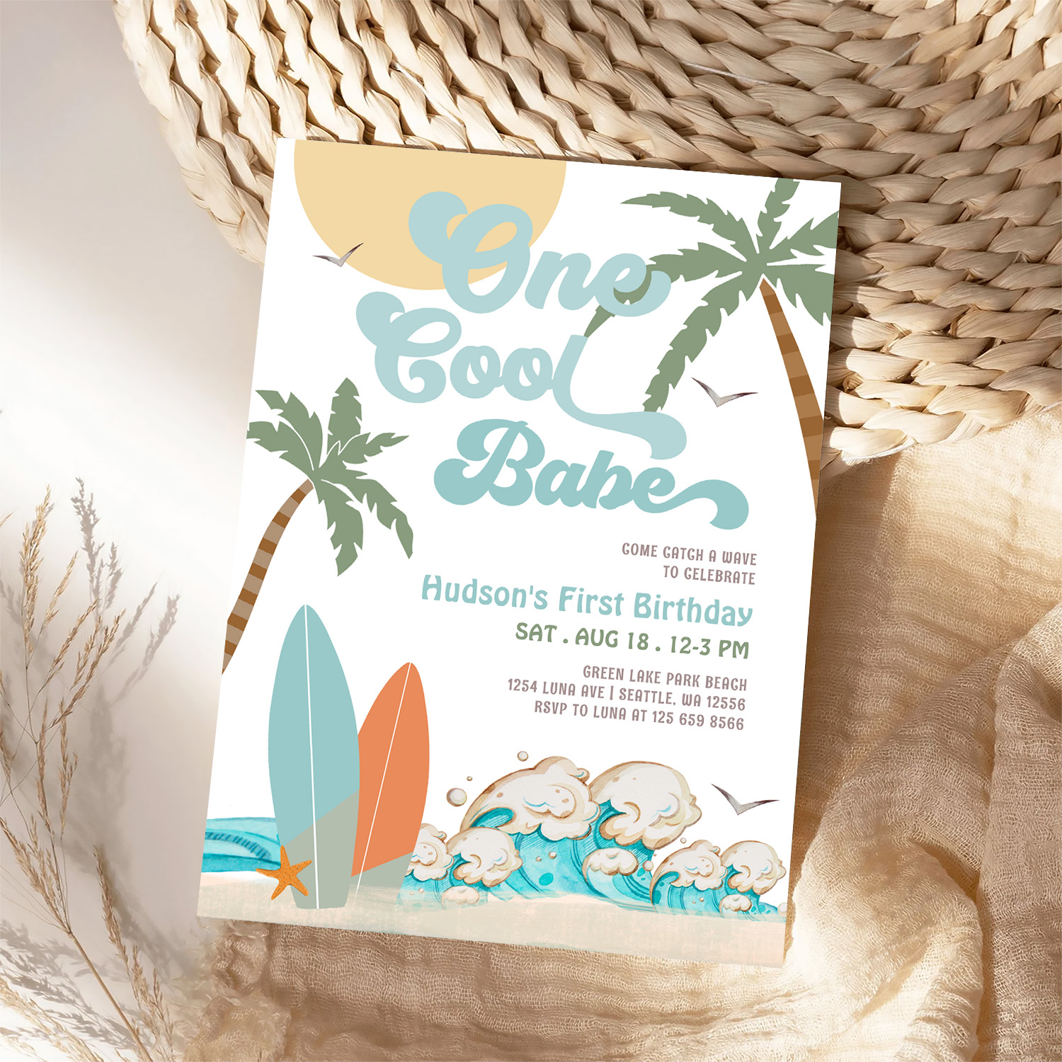 One Cool Babe Surfing Boy 1st Birthday Beach Party Invitation - Image 4