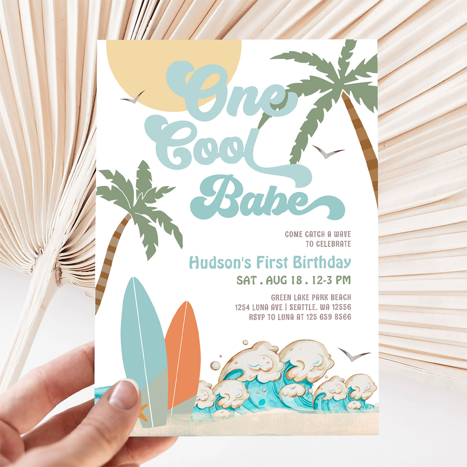 One Cool Babe Surfing Boy 1st Birthday Beach Party Invitation - Image 5