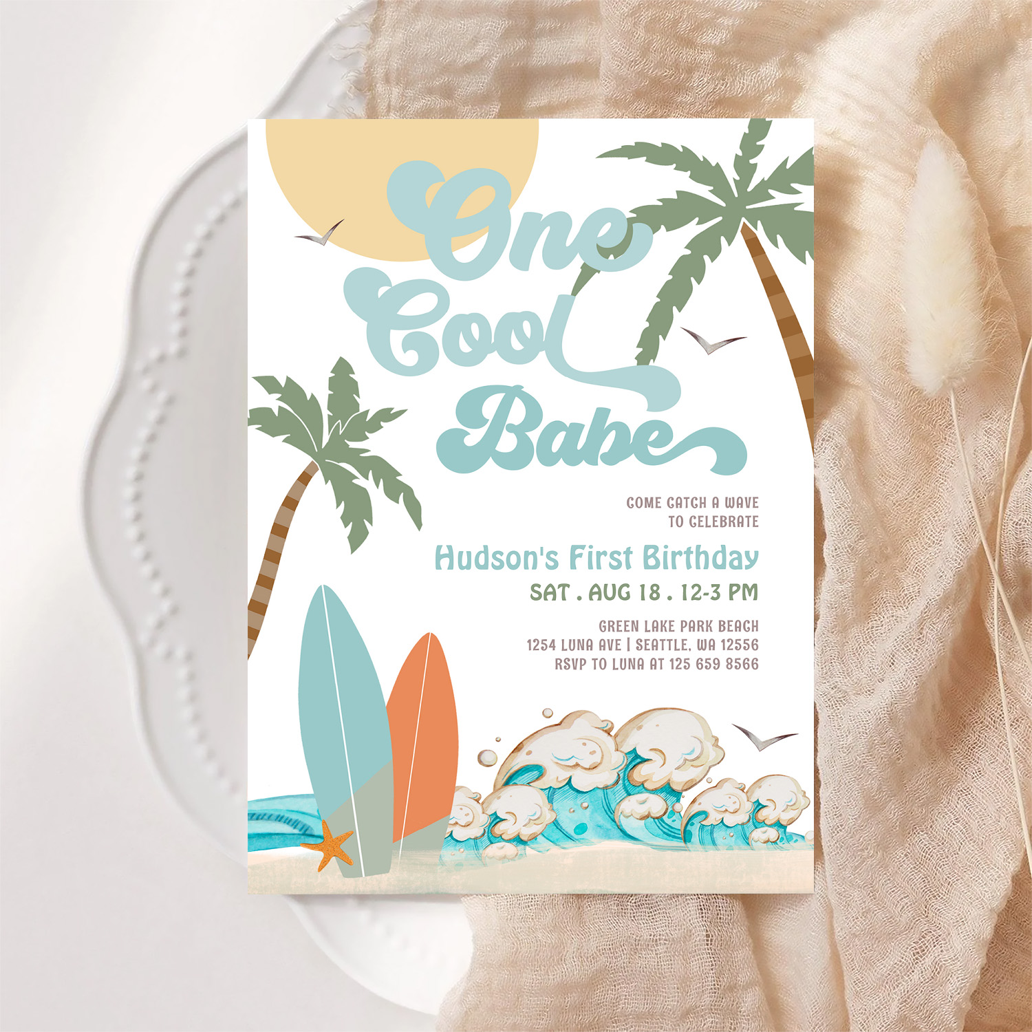 One Cool Babe Surfing Boy 1st Birthday Beach Party Invitation - Image 6