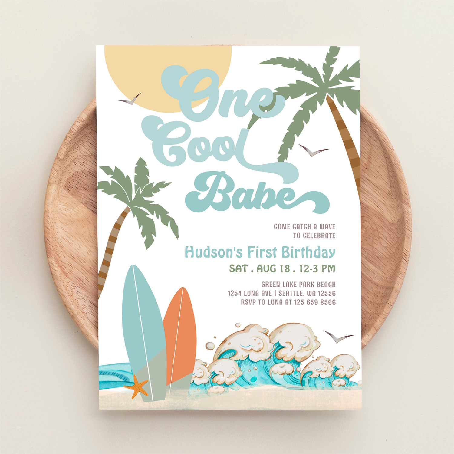 One Cool Babe Surfing Boy 1st Birthday Beach Party Invitation - Image 7