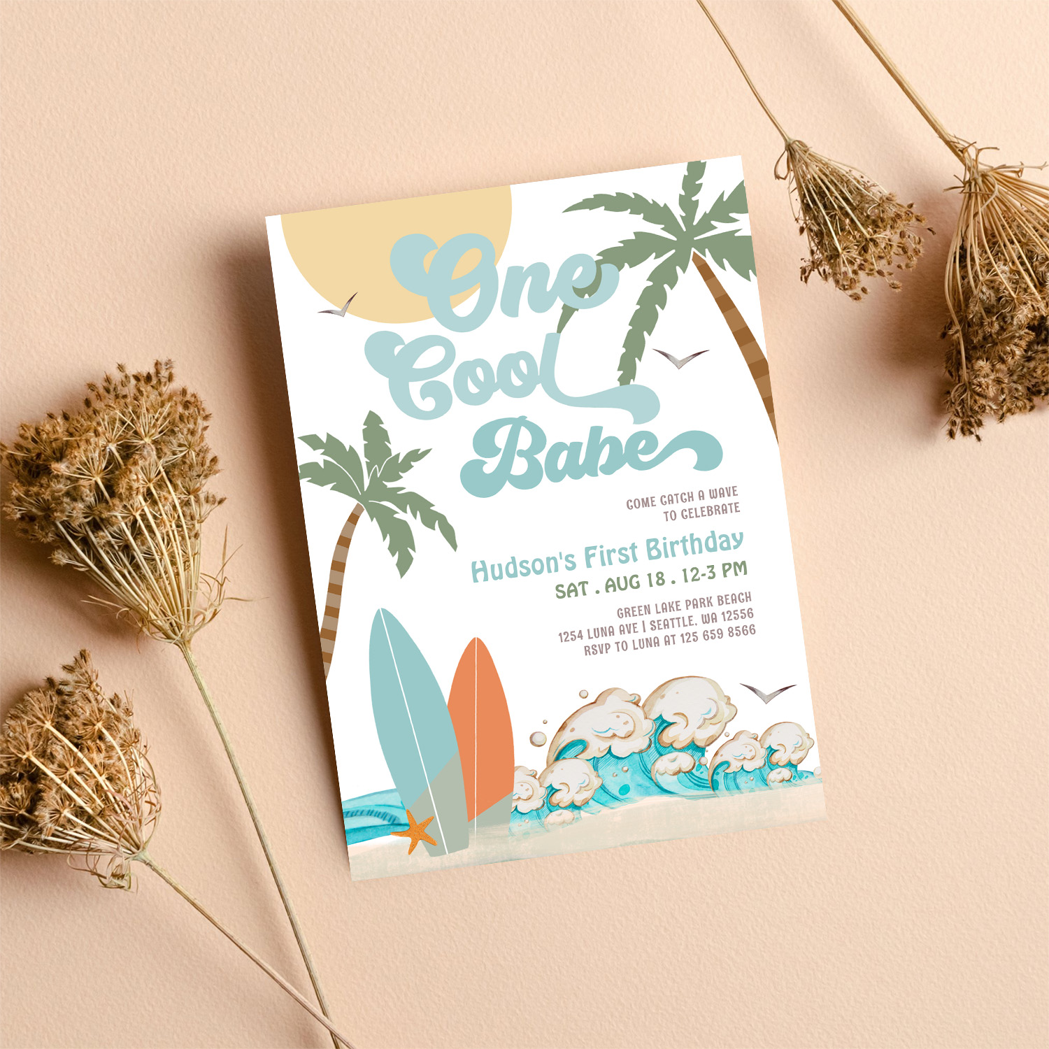 One Cool Babe Surfing Boy 1st Birthday Beach Party Invitation - Image 8