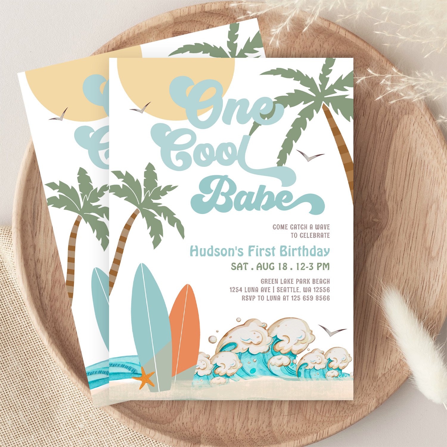 One Cool Babe Surfing Boy 1st Birthday Beach Party Invitation - Image 9