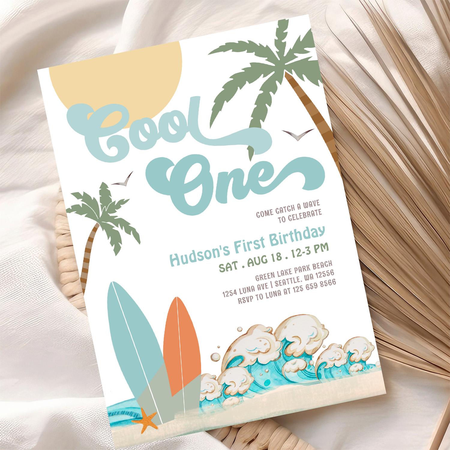 One Cool Surfing Boy 1st Birthday Beach Party Invitation - Image 10