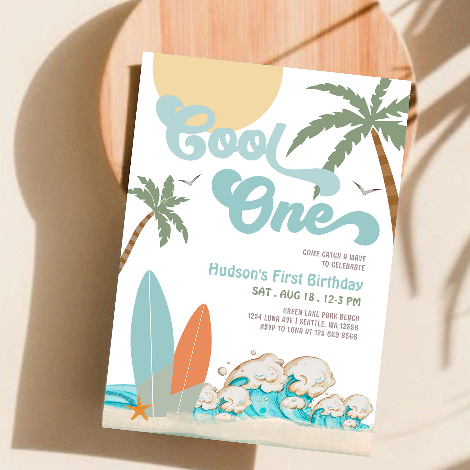 One Cool Surfing Boy 1st Birthday Beach Party Invitation - Image 11