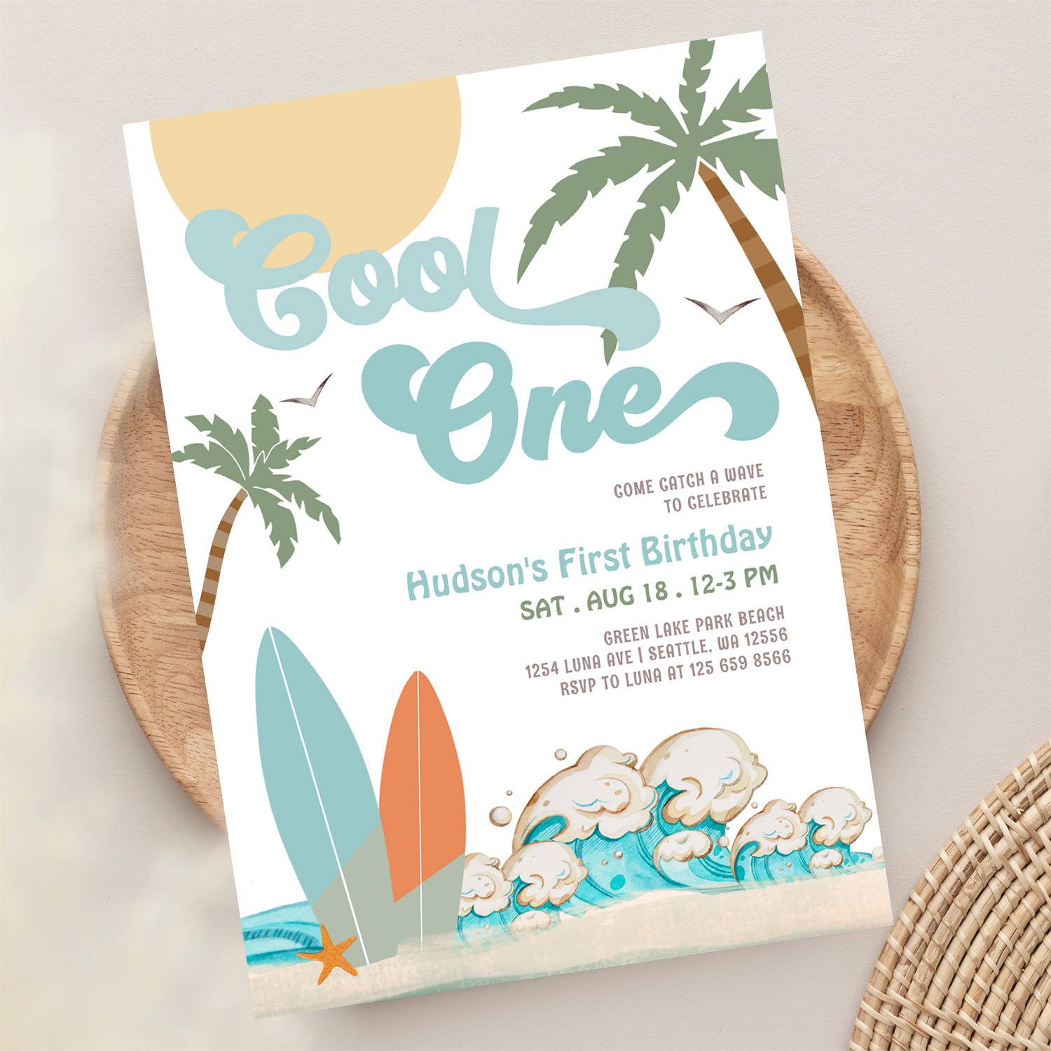 One Cool Surfing Boy 1st Birthday Beach Party Invitation - Image 13