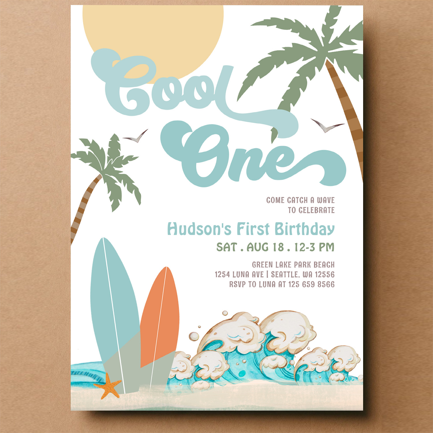 One Cool Surfing Boy 1st Birthday Beach Party Invitation - Image 14