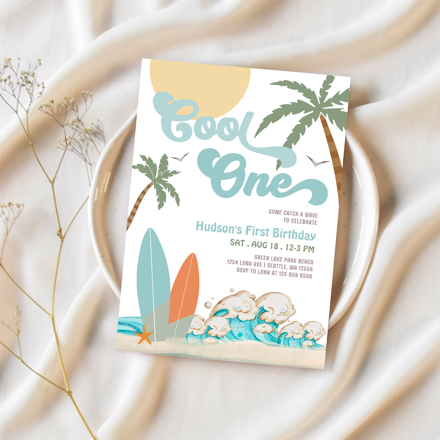 One Cool Surfing Boy 1st Birthday Beach Party Invitation - Image 2