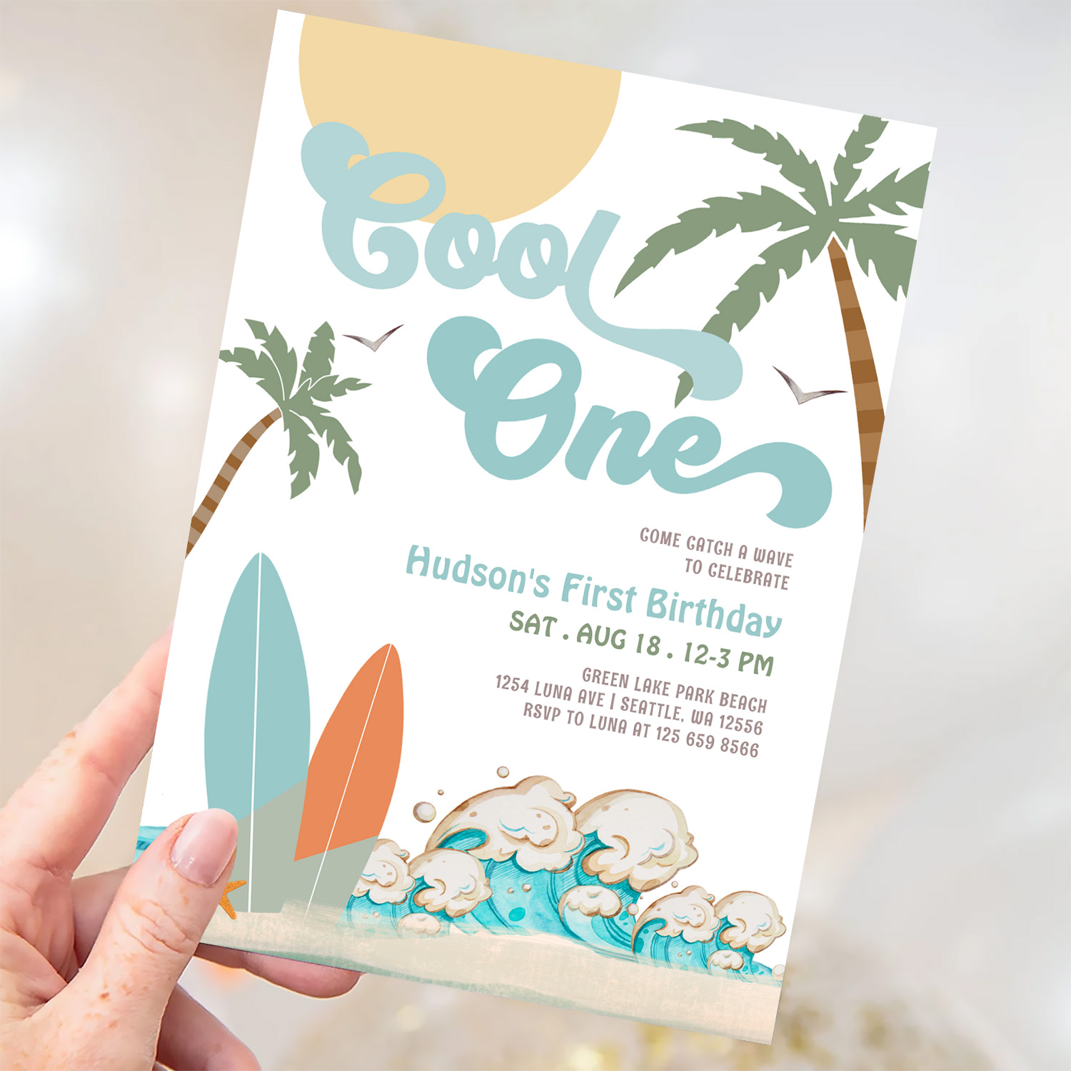 One Cool Surfing Boy 1st Birthday Beach Party Invitation - Image 3
