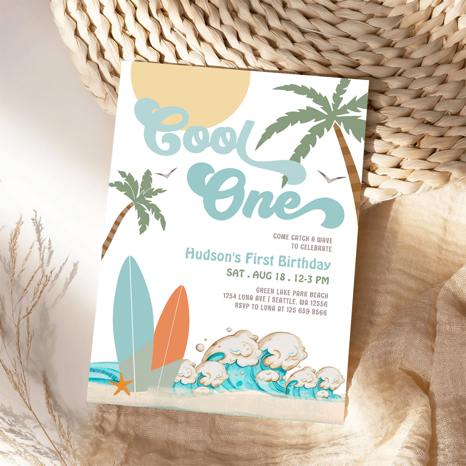 One Cool Surfing Boy 1st Birthday Beach Party Invitation - Image 4