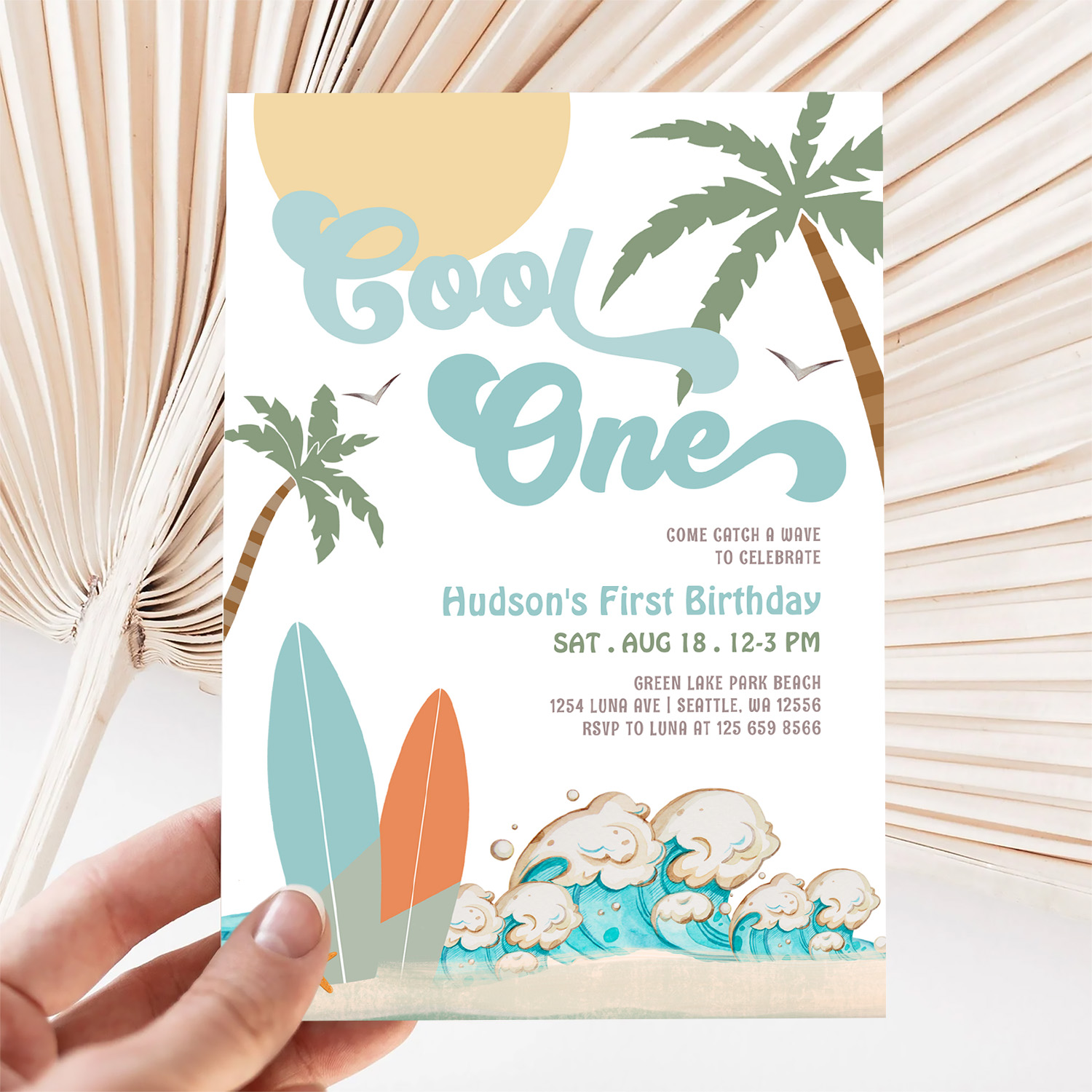 One Cool Surfing Boy 1st Birthday Beach Party Invitation - Image 5