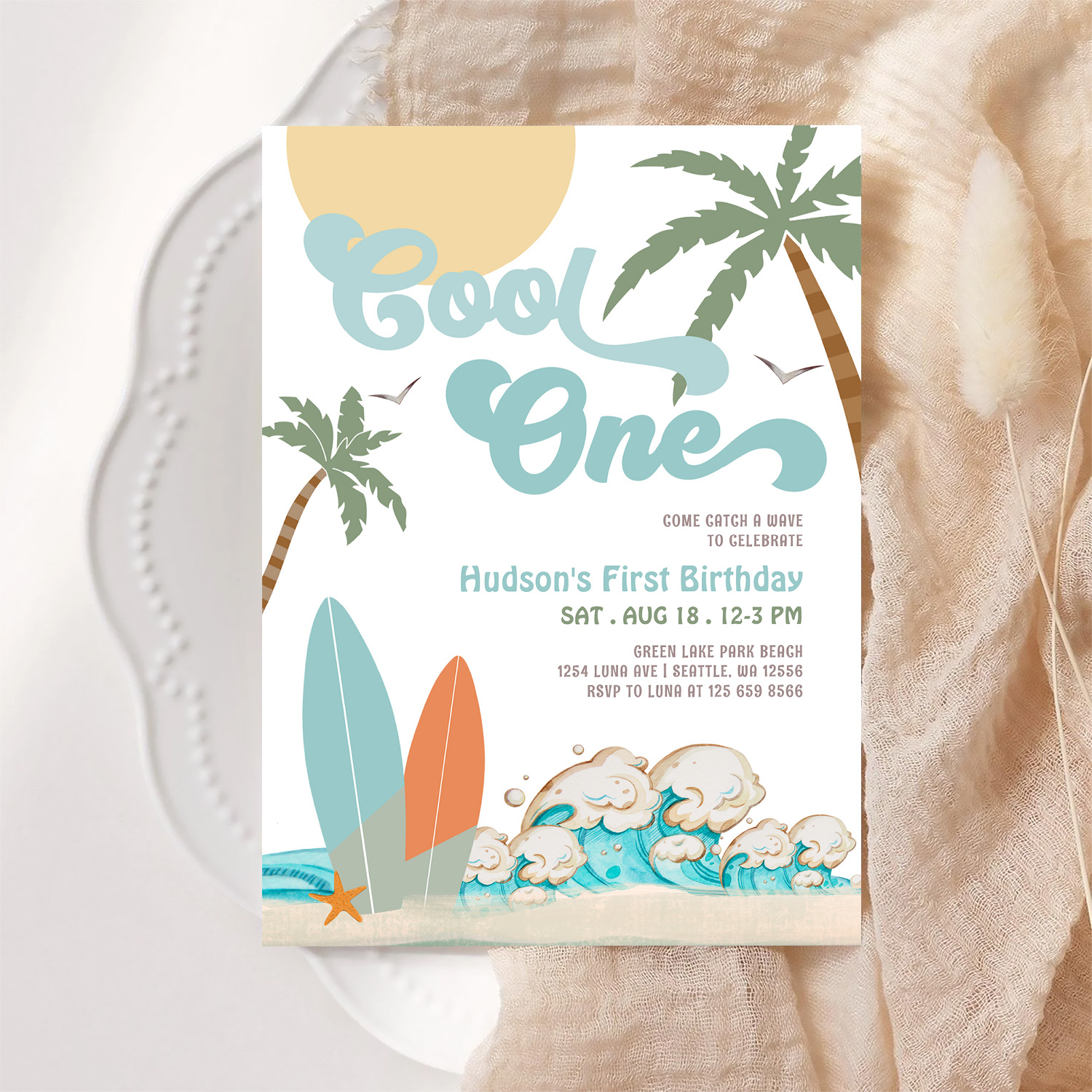 One Cool Surfing Boy 1st Birthday Beach Party Invitation - Image 6