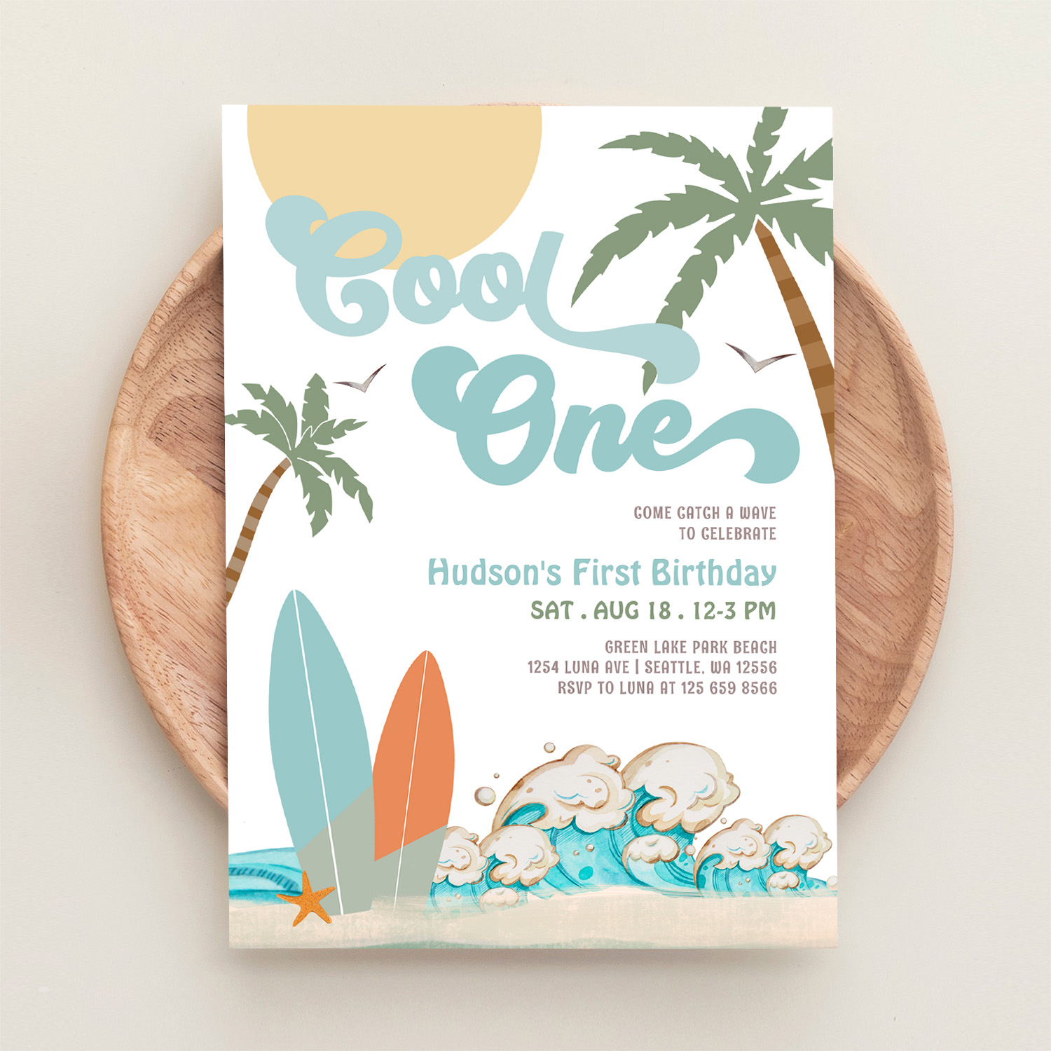 One Cool Surfing Boy 1st Birthday Beach Party Invitation - Image 7