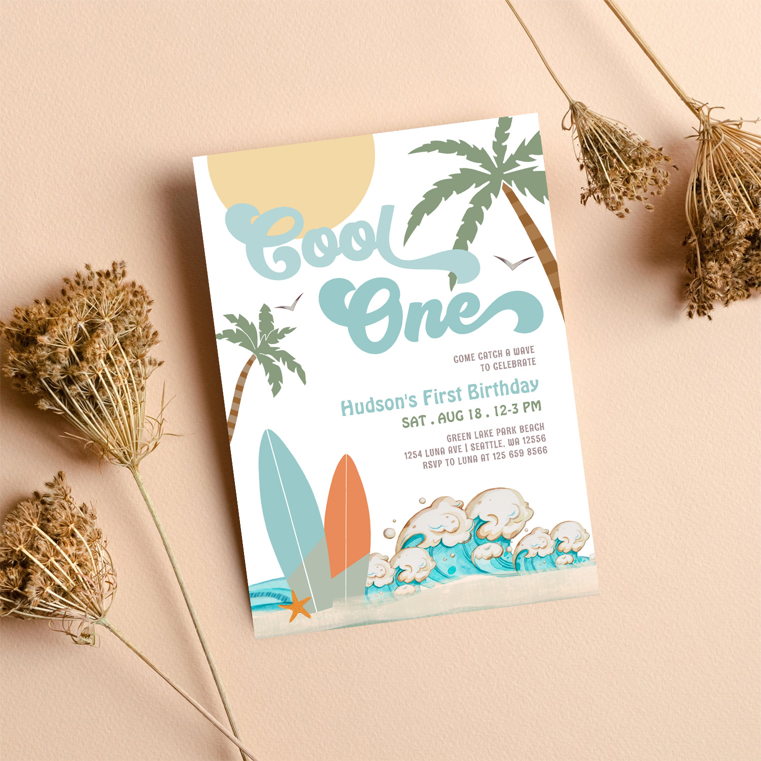 One Cool Surfing Boy 1st Birthday Beach Party Invitation - Image 8