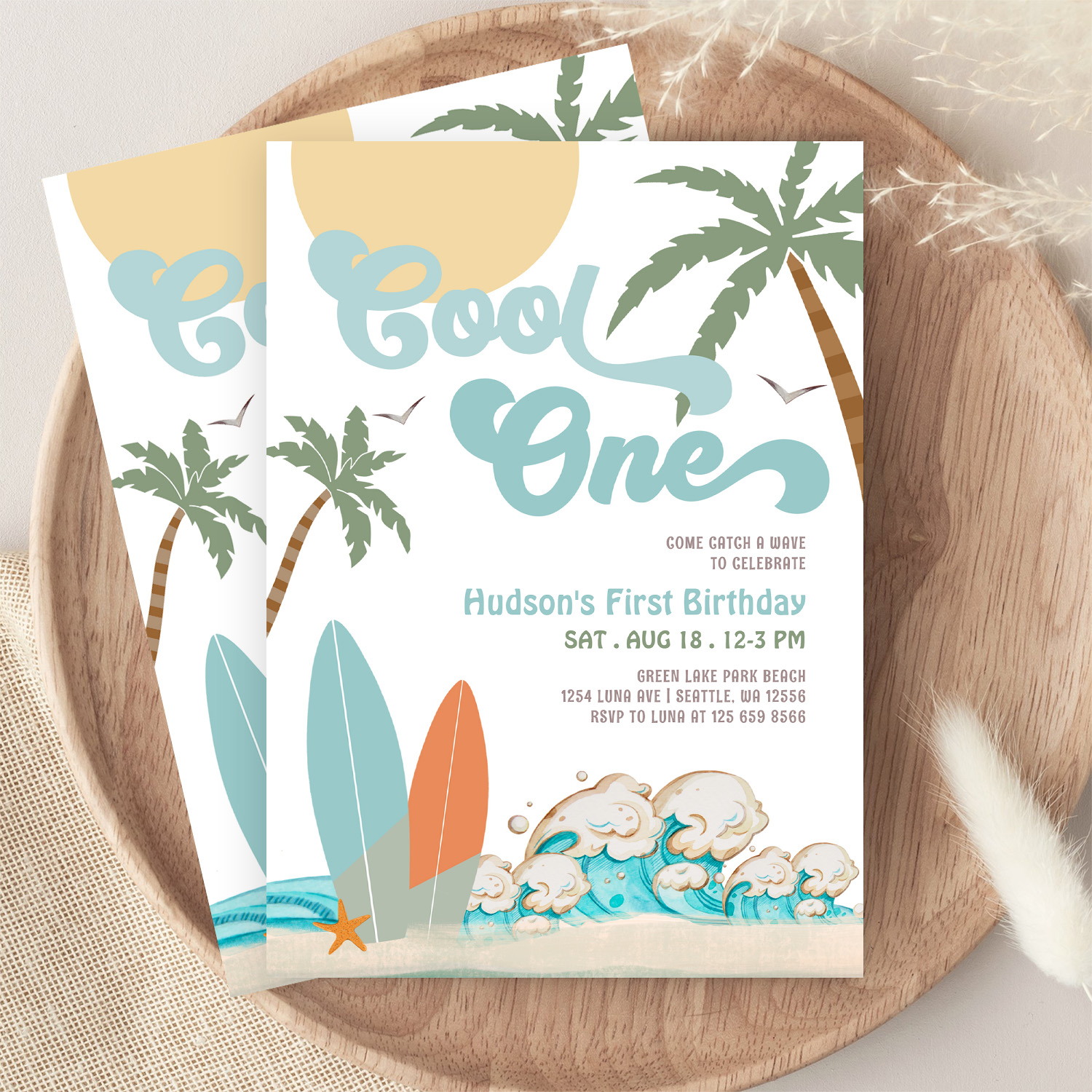 One Cool Surfing Boy 1st Birthday Beach Party Invitation - Image 9