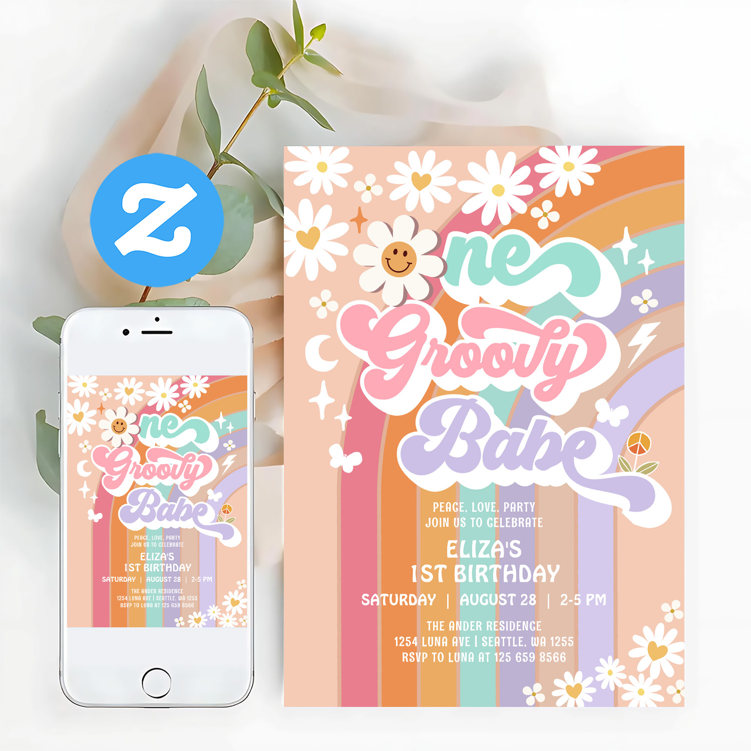 One Groovy Babe 1st Daisy Rainbow Birthday Invitation