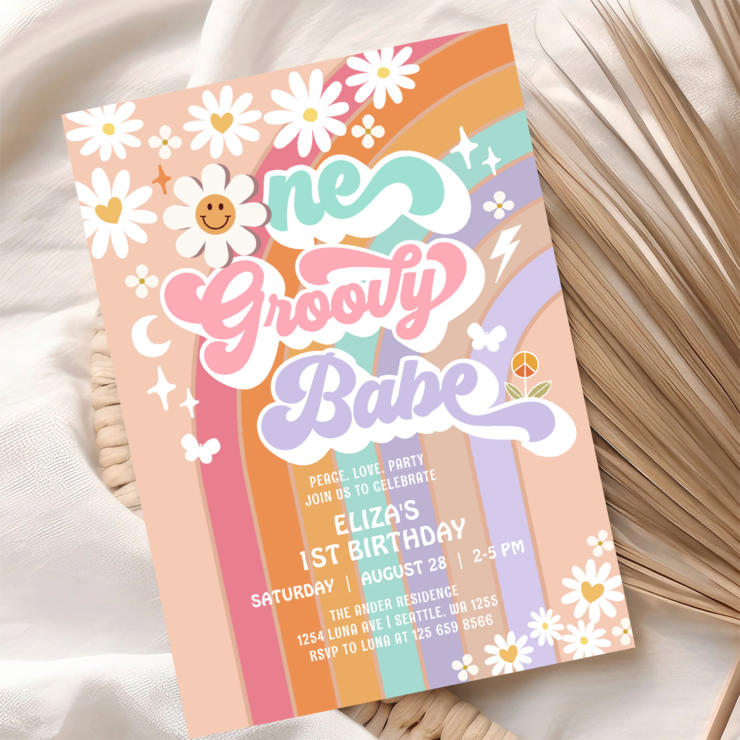 One Groovy Babe 1st Daisy Rainbow Birthday Invitation - Image 10