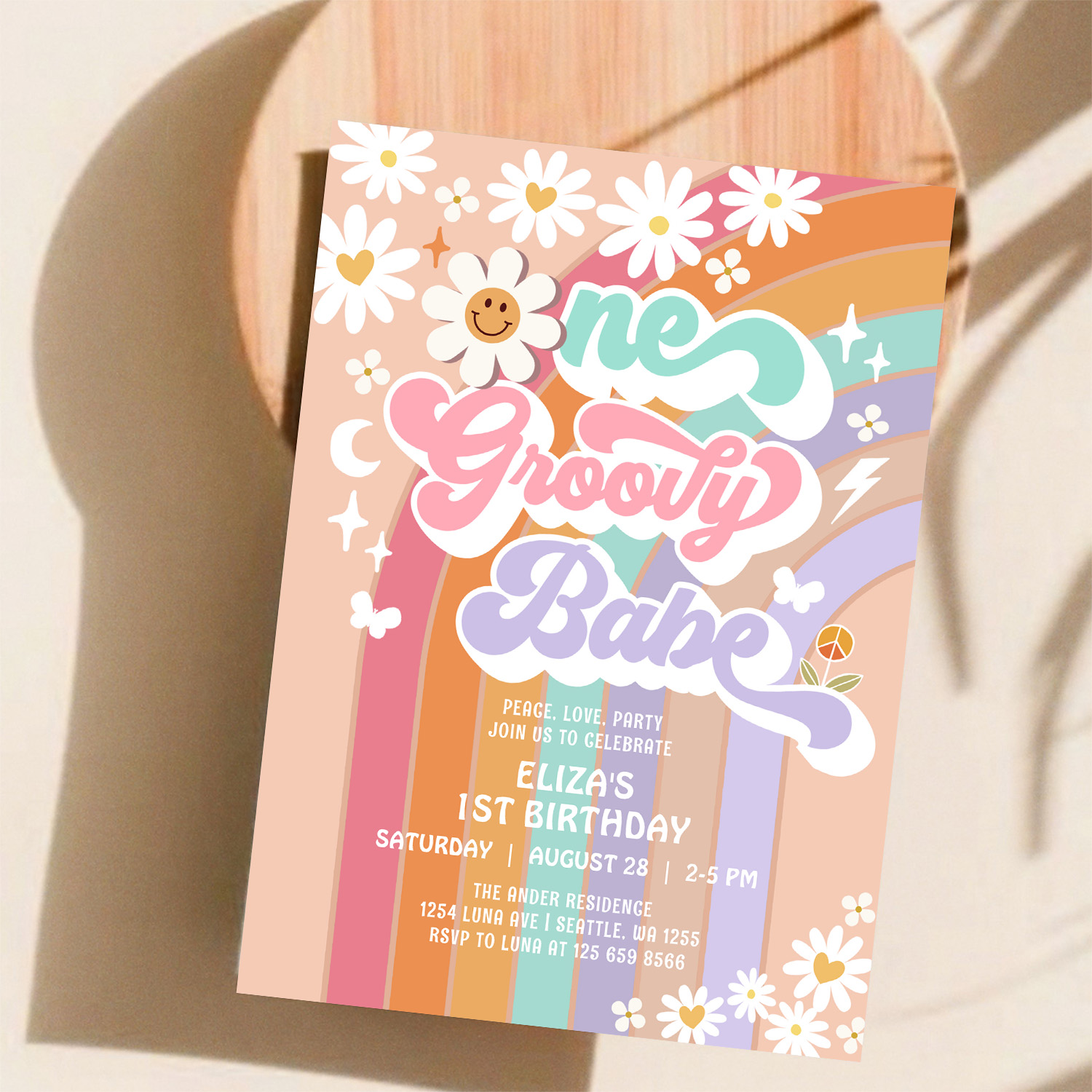 One Groovy Babe 1st Daisy Rainbow Birthday Invitation - Image 11