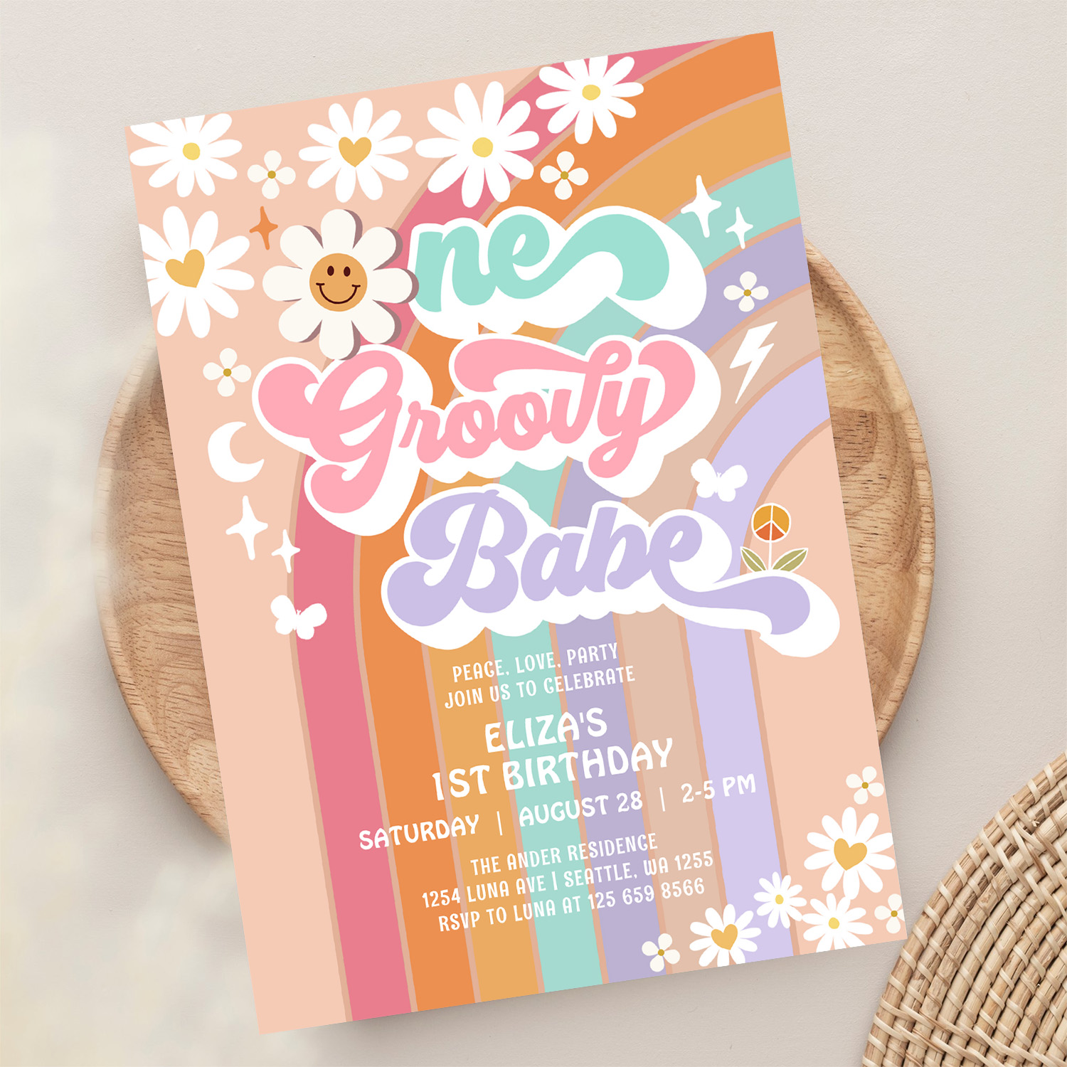 One Groovy Babe 1st Daisy Rainbow Birthday Invitation - Image 13