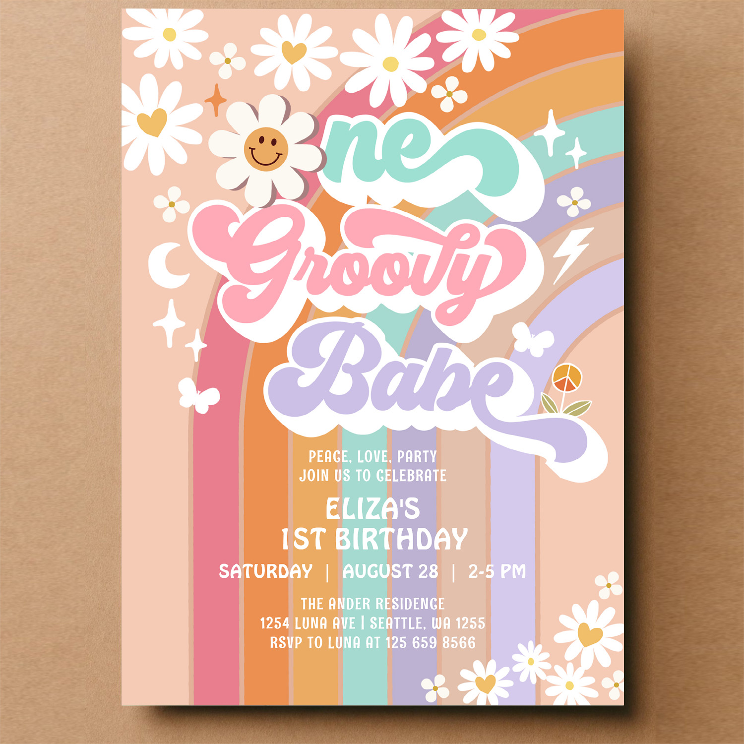 One Groovy Babe 1st Daisy Rainbow Birthday Invitation - Image 14
