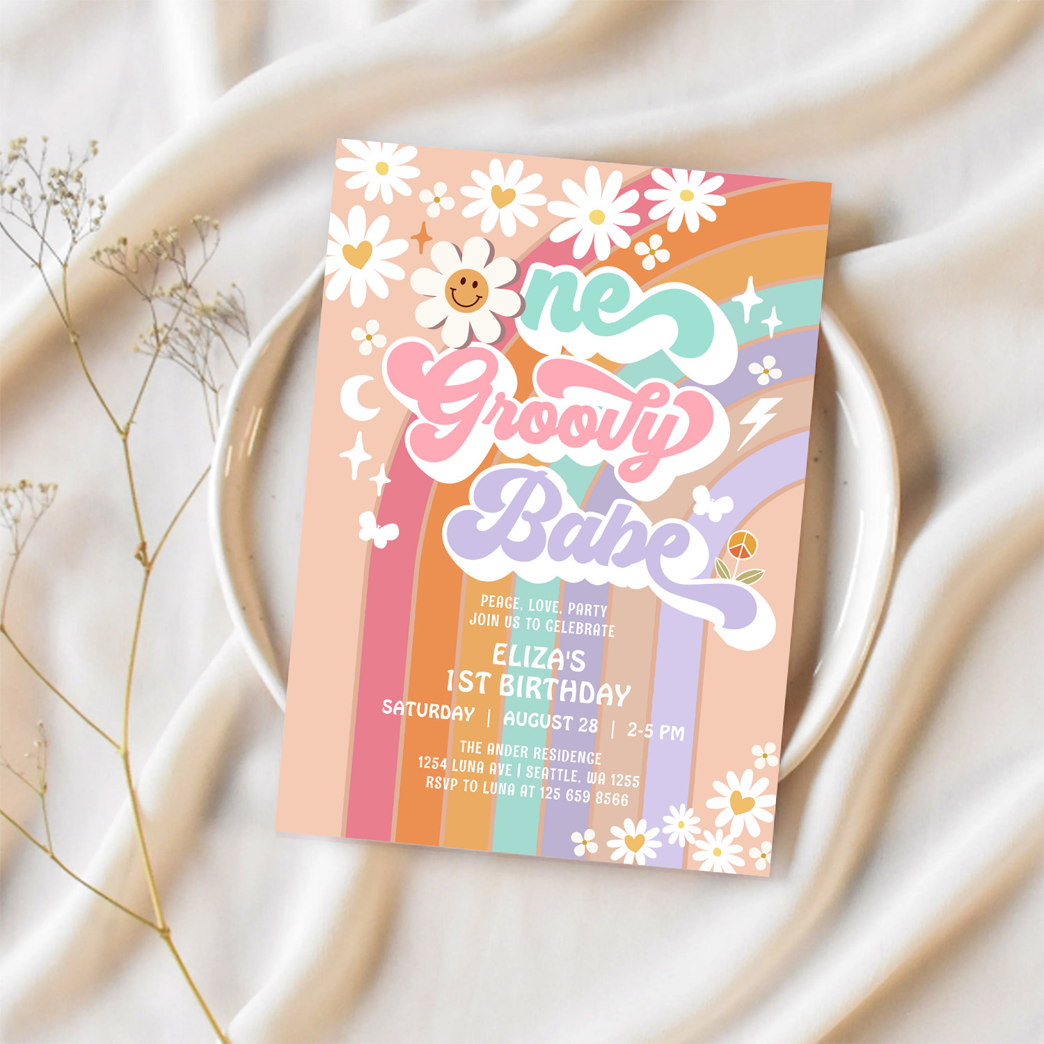 One Groovy Babe 1st Daisy Rainbow Birthday Invitation - Image 2