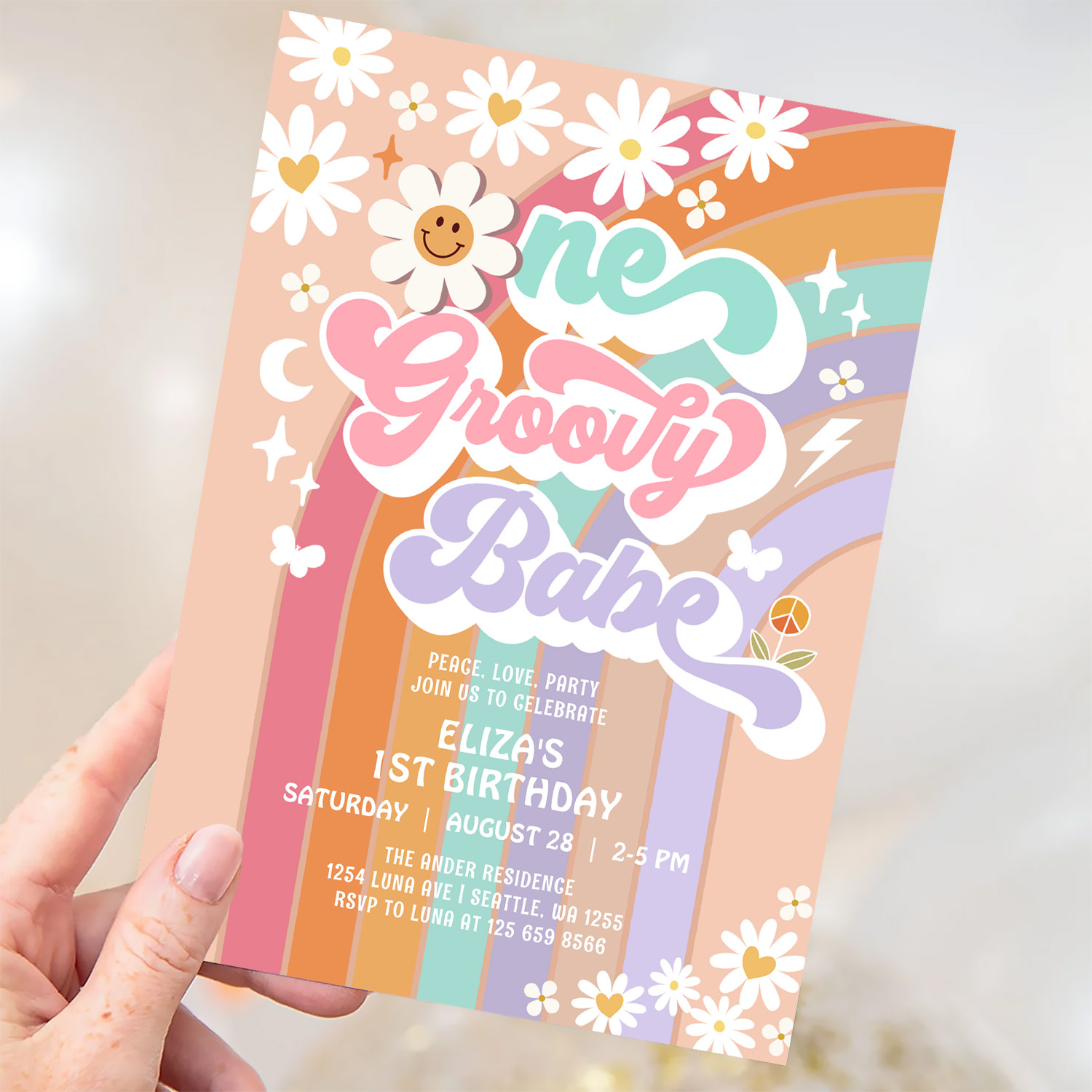 One Groovy Babe 1st Daisy Rainbow Birthday Invitation - Image 3