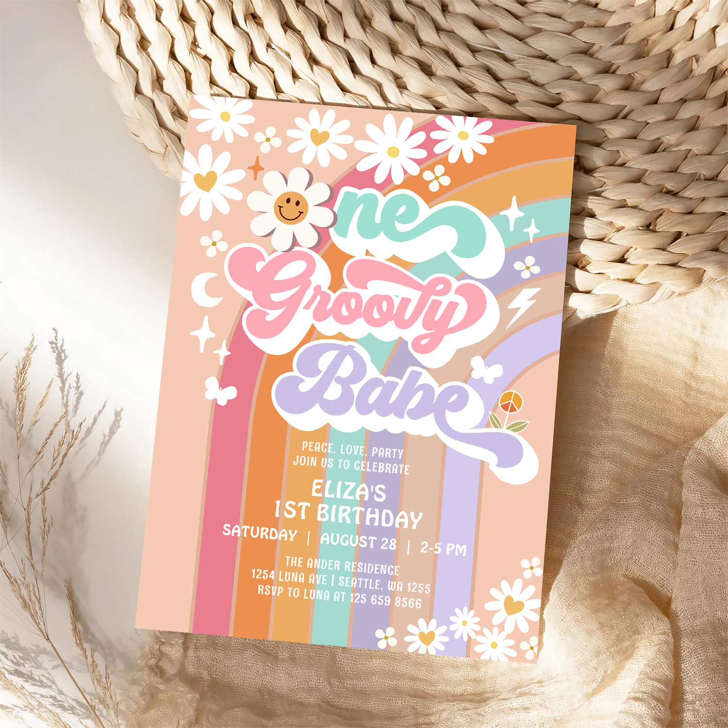 One Groovy Babe 1st Daisy Rainbow Birthday Invitation - Image 4