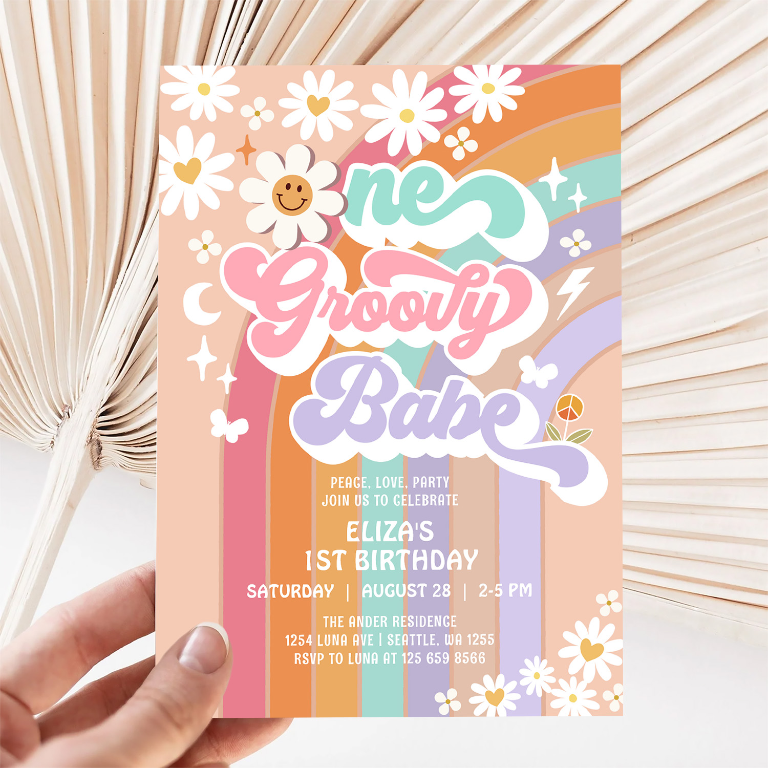One Groovy Babe 1st Daisy Rainbow Birthday Invitation - Image 5