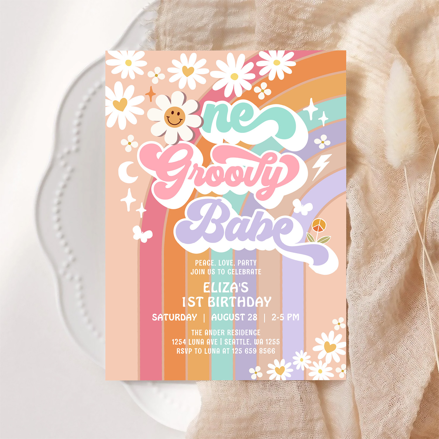 One Groovy Babe 1st Daisy Rainbow Birthday Invitation - Image 6